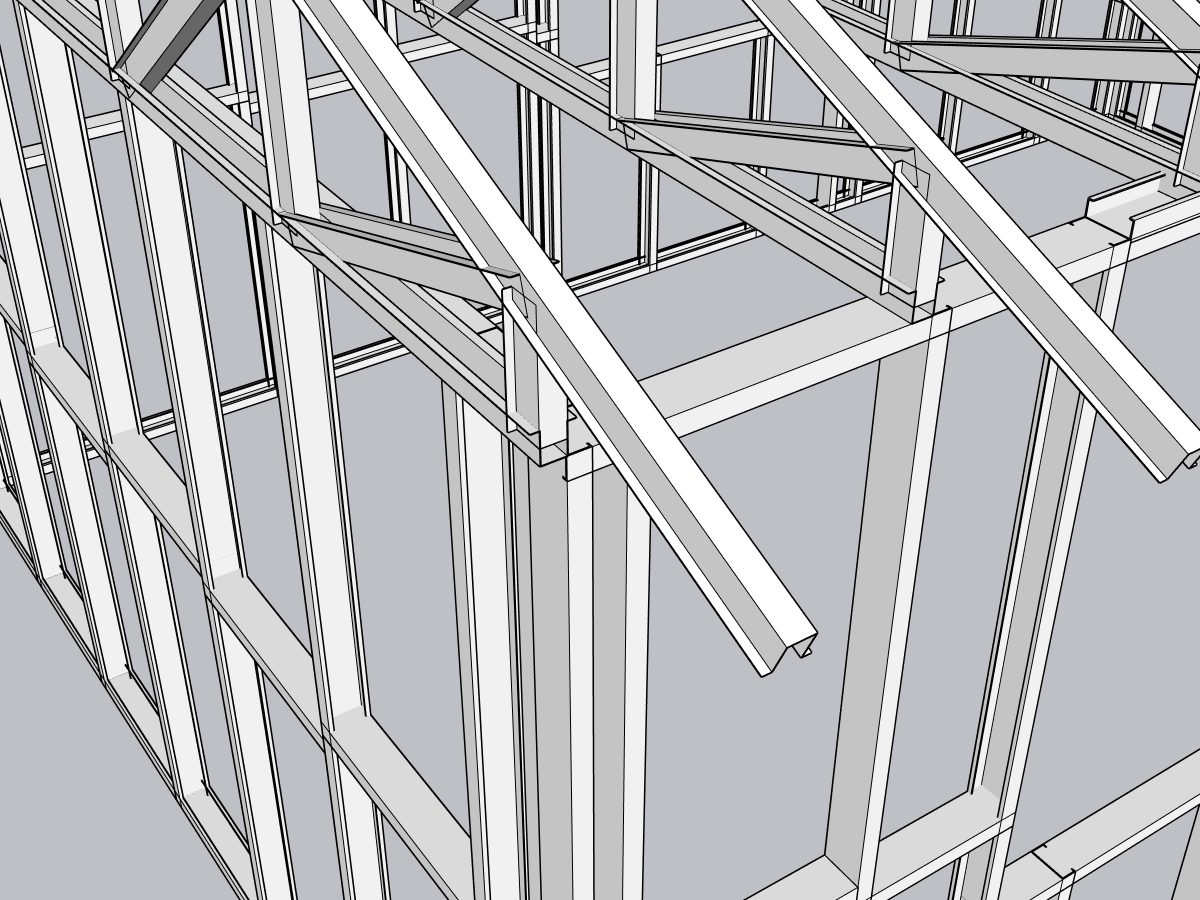 Close-up of LGS wall frame, lintel and roof truss connection
