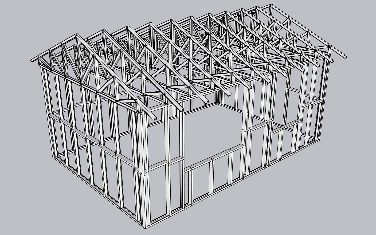 3D model of a light gauge steel house frame with wall frames and roof trusses