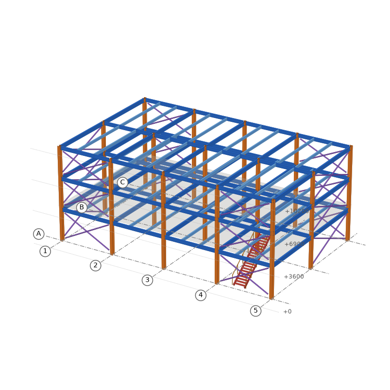 Three-storey steel frame with bracing, floor and stair